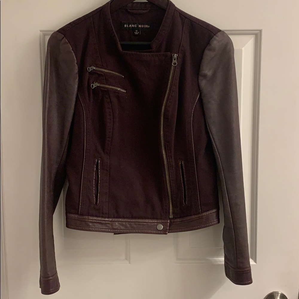 Blanc Noir purple faux leather sleeve moto jacket